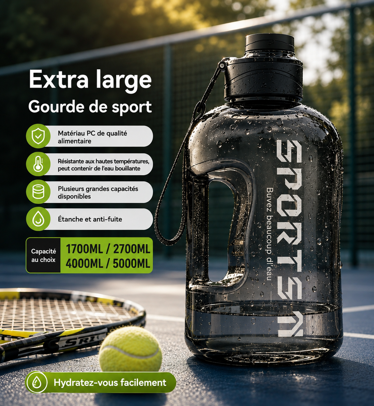 Gourde de sport-grande capacité 2,7L