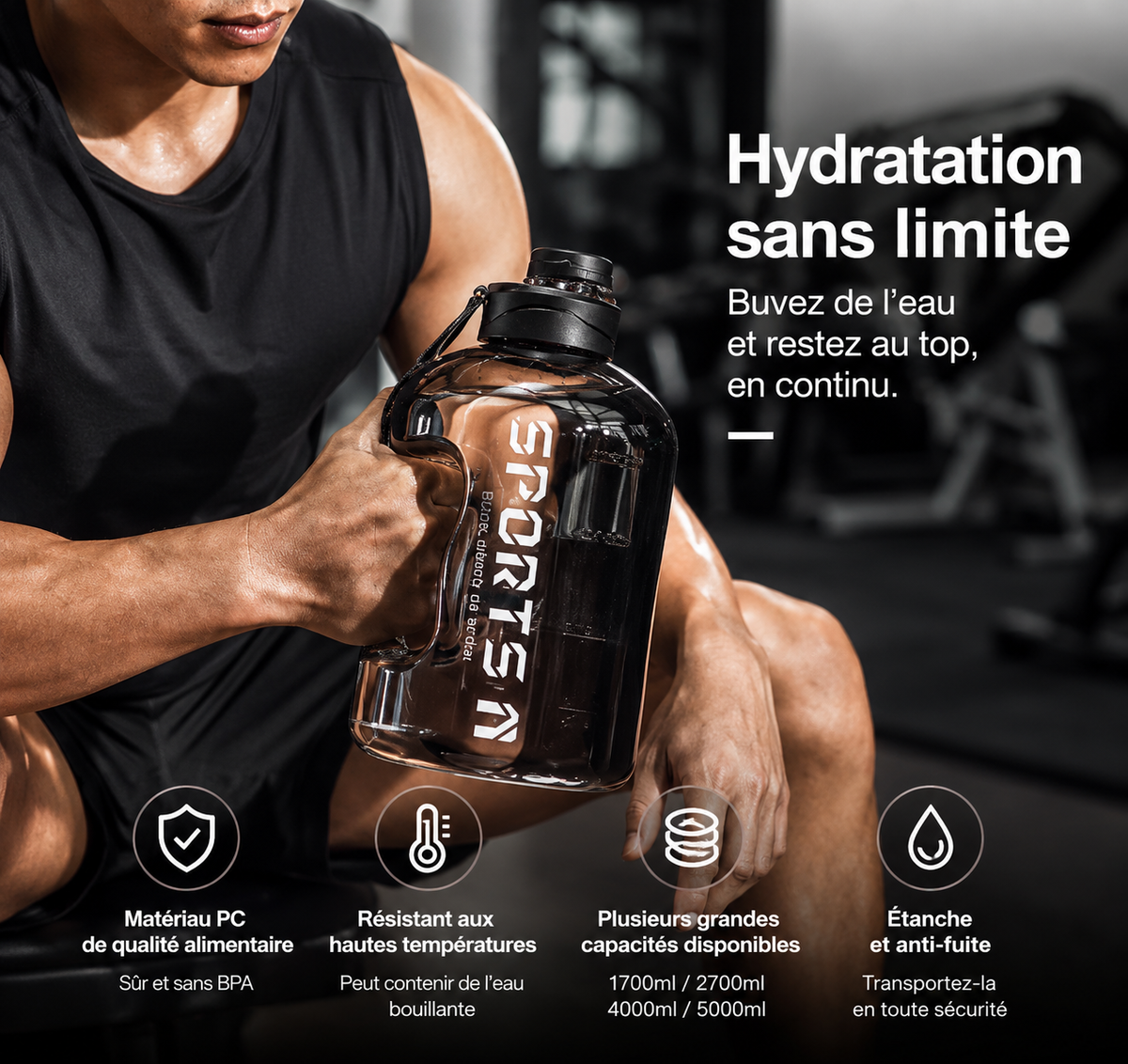 Gourde de sport-grande capacité 2,7L